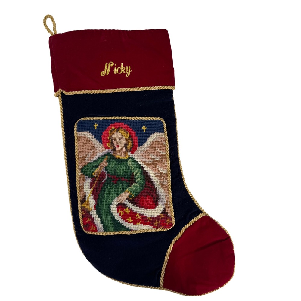 Lillian Vernon Large Christmas Stocking Needlepoint Angel Velvet Nicky Navy Red